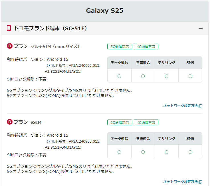 たとえばドコモから販売されたGalaxy S25は、SIMカード・eSIMともにドコモ回線でのみ動作確認されています。au回線やソフトバンク回線では動作確認されていません。